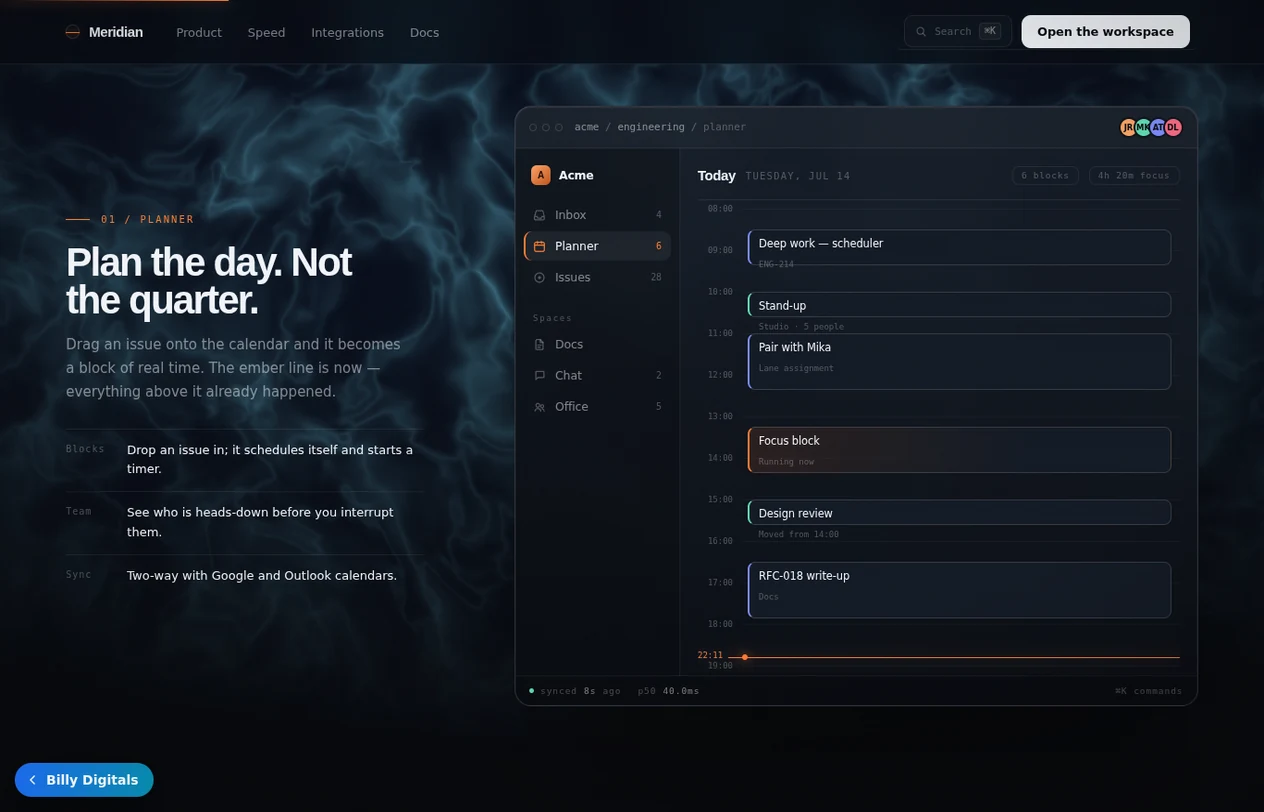 Meridian — a keyboard-first team workspace flagship with a live caustic WebGL backdrop, scroll-scrubbed product tour and command palette