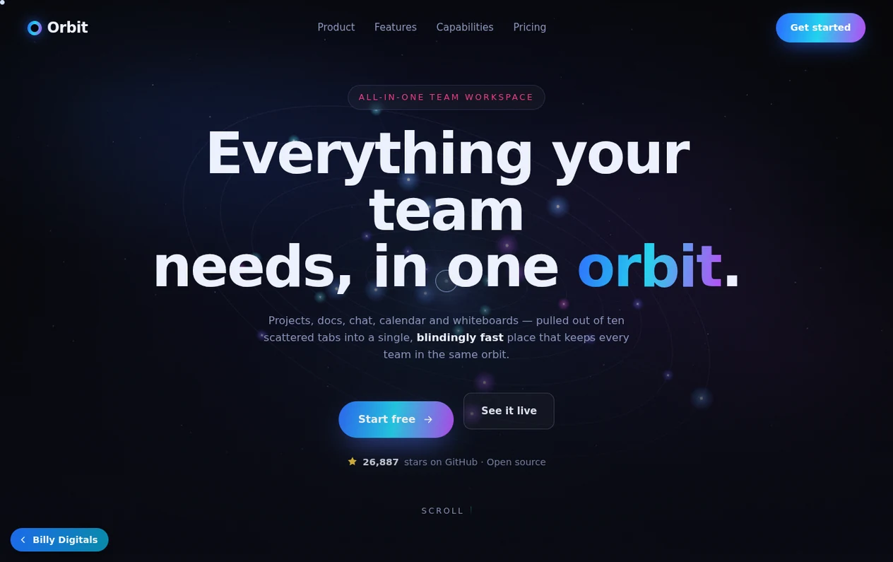 Orbit — an all-in-one team workspace flagship with a live WebGL aurora
